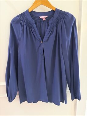 Lilly Pulitzer Navy Blue Smocked-Neck Long Sleeve Blouse